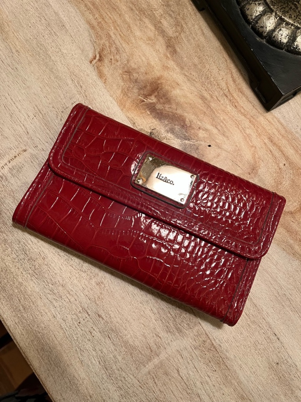 Liz & co. Croc-Embossed Glossy Red Wallet with Metal Logo Plate